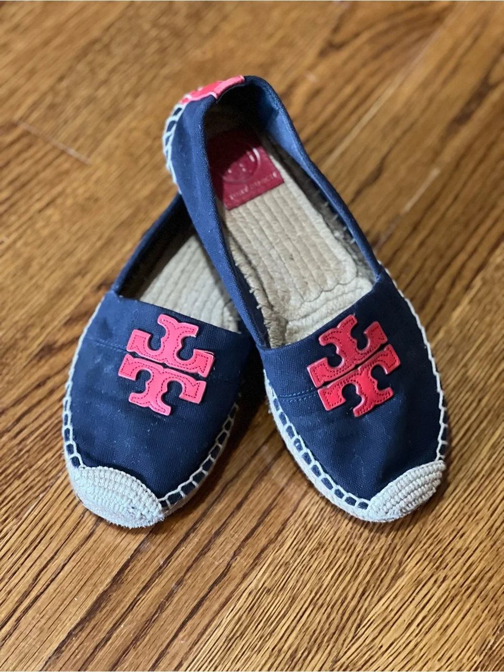 Tory Burch Weston Flat Espadrille Navy Canvas Red Logo Slip On Shoes